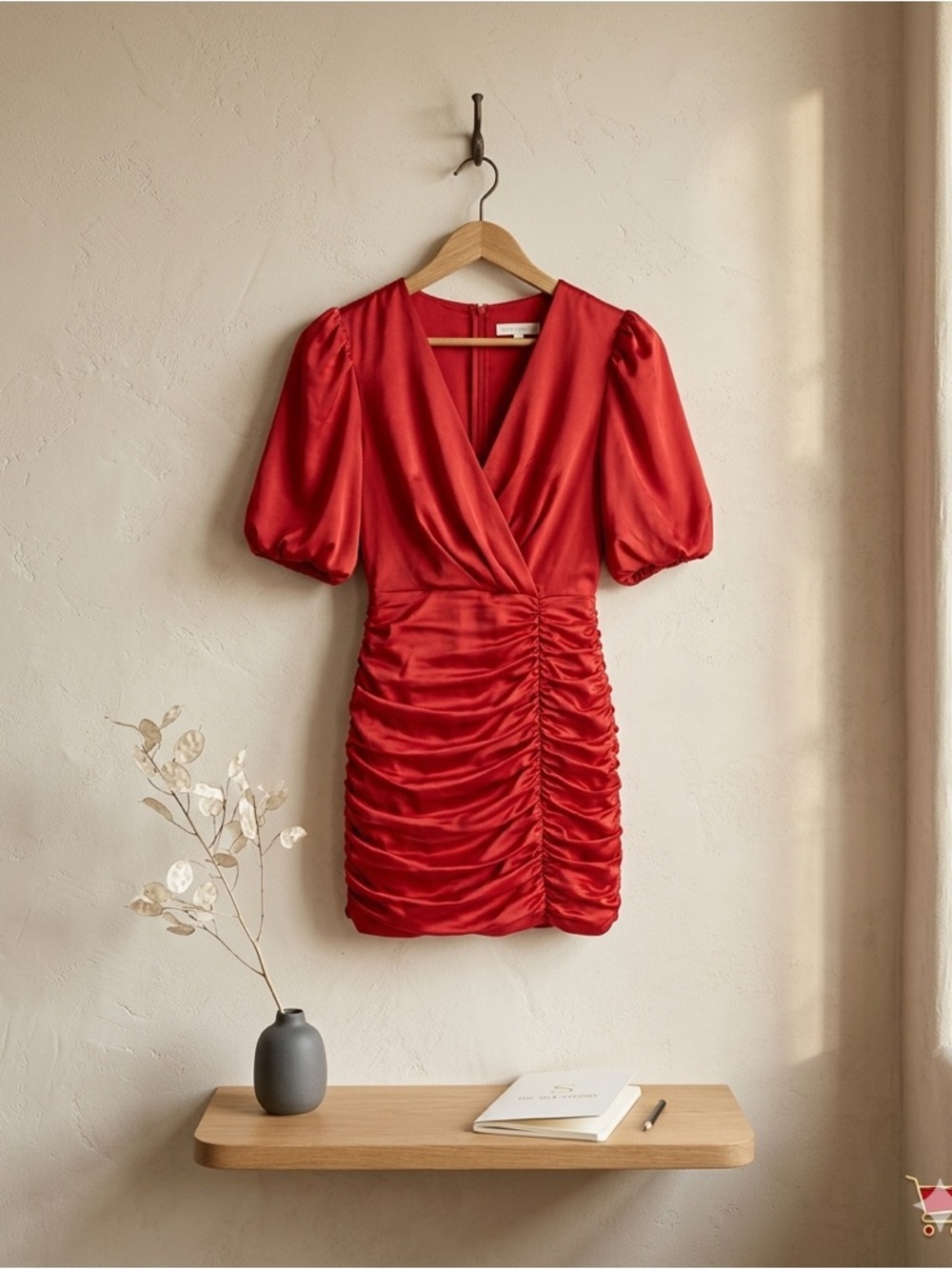 Hutch Rosette Satin Mini Dress Red Ruched Pleated Size 6 NWT